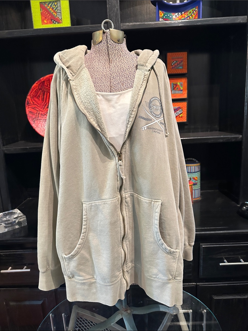 Oversized Light Sage Huntington Beach Surf Shop Hooded Zip-Up Sweatshirt
